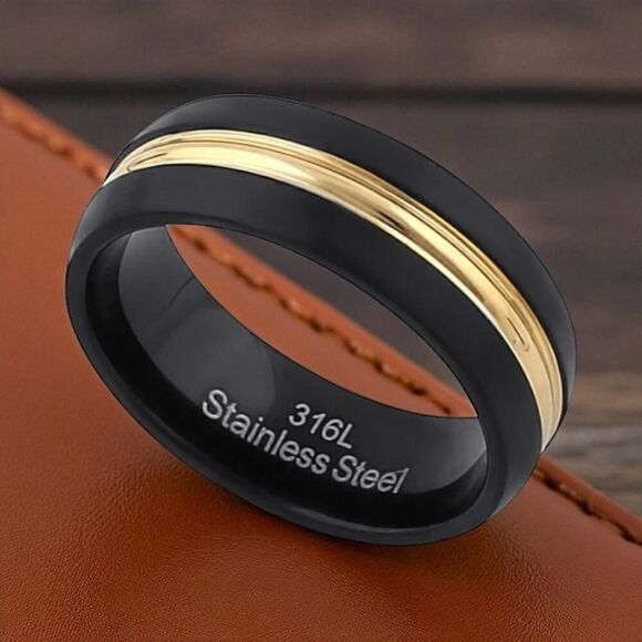 Stainless Steel Men's Black and Yellow Wedding Band - Picture 1 of 4